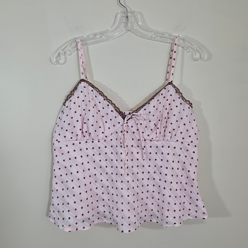 Band of the Free Women Cami Pink Polka Dot Lace Trim Smocked Back SZ L Y2K Boho
